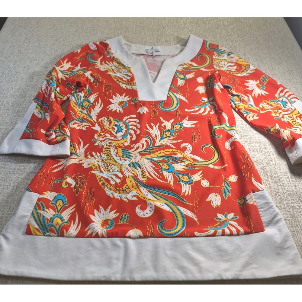 Jude Connally Orange Red Dragon Print Split Neck Jude Cloth Tunic Women's Small